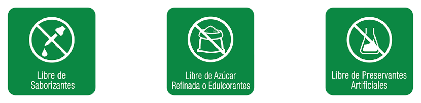 Libre de saborizantes, libre de azúcar refinada o edulcorantes, libre de preservantes artificiales
